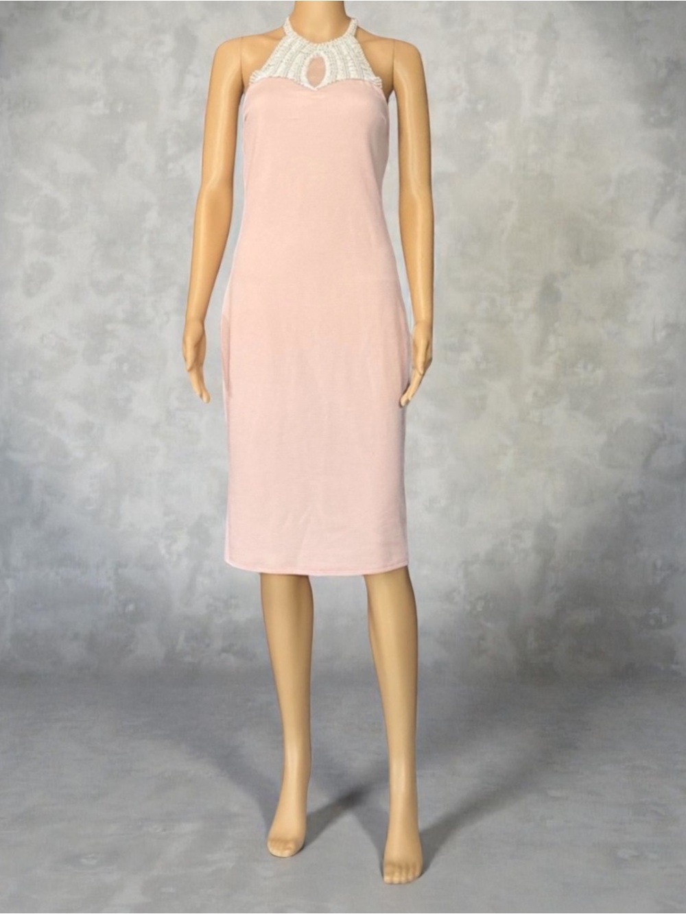 Beware Beaded Pearl Halter Top Halter-Neck With Tie In Back Peach Midi Dress
